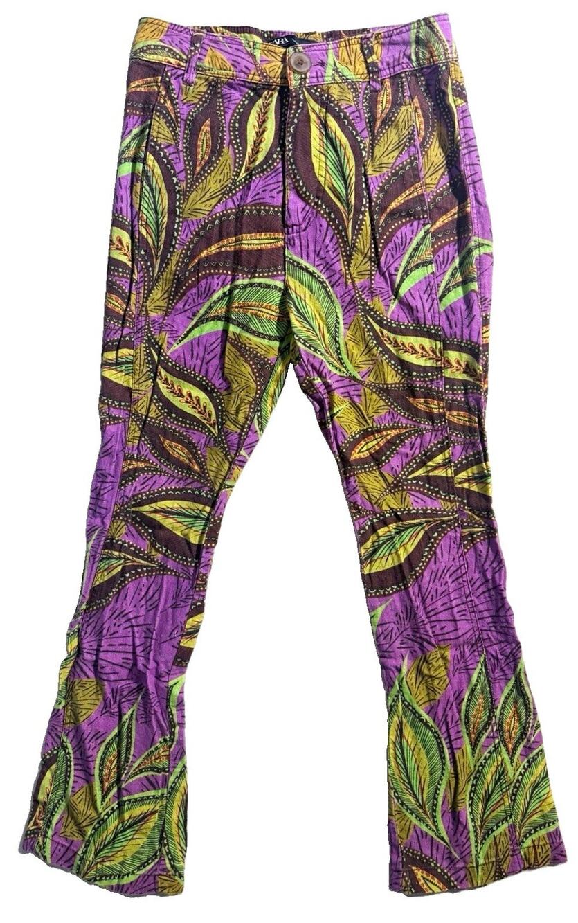 Zara Size XS Printed Linen Blend Flare Pants Purple Green Boho Y2K Low Rise